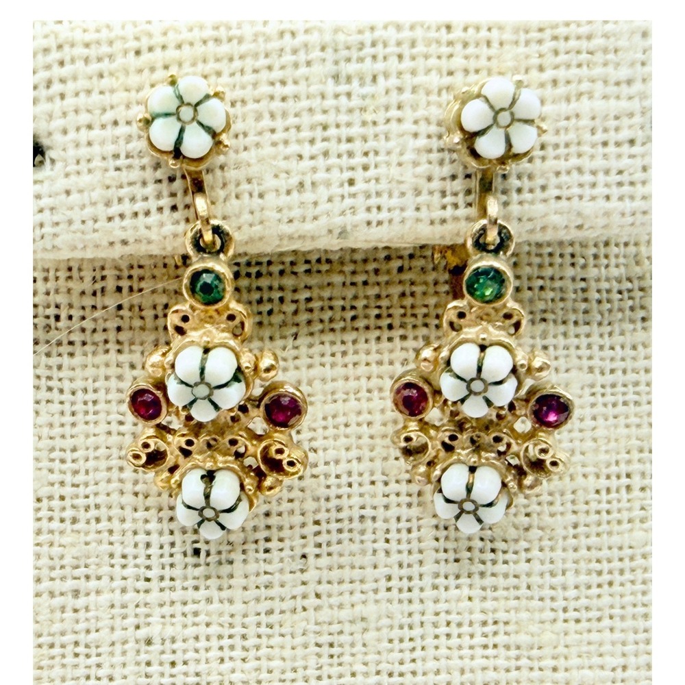 Vintage Florenza Gold Tone Clip On Earrings Enamel Flowers Rhinestone Dangle